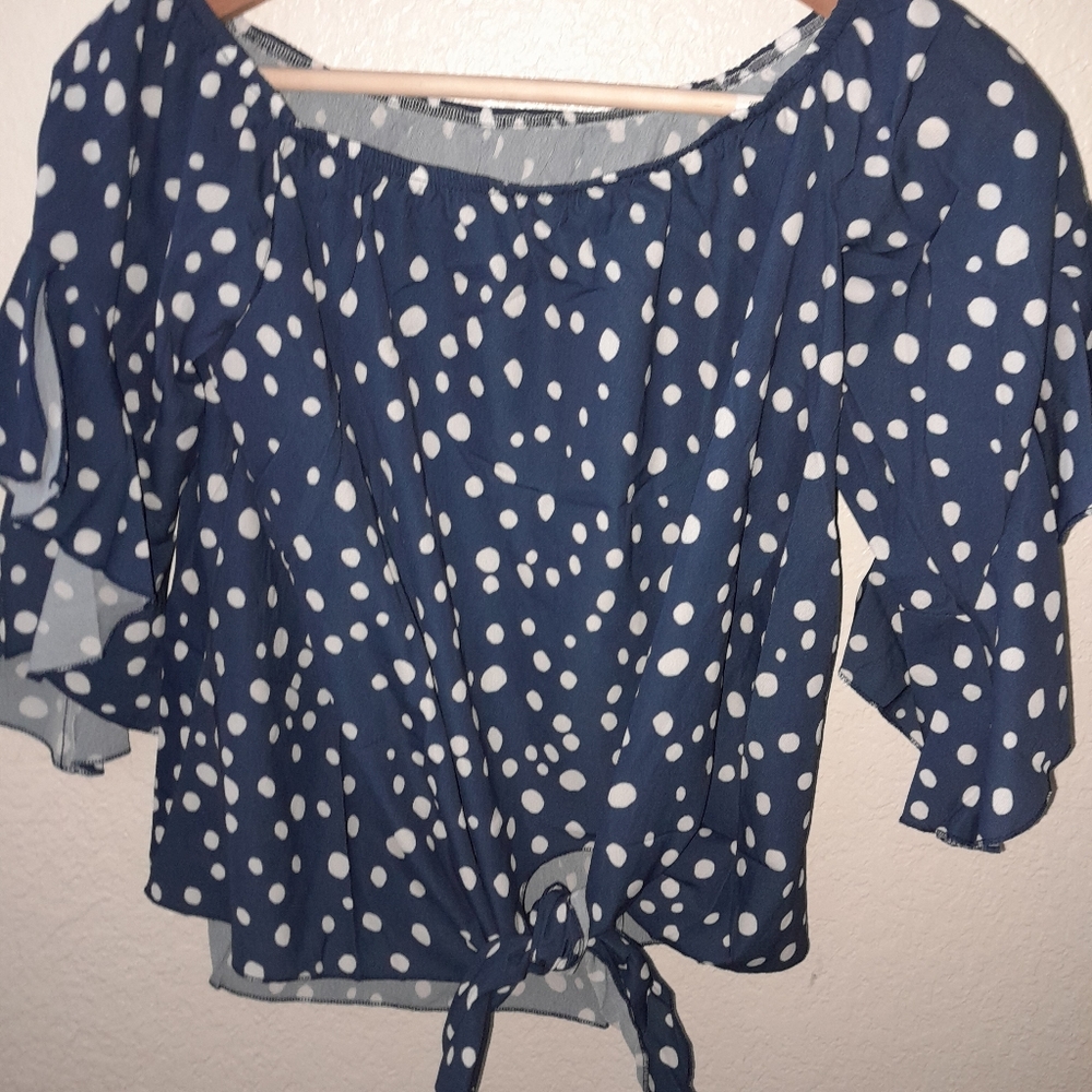 Women's Navy/White Polka Dot Tie Front Top Size L